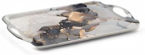 Serving Tray Decorative Tray with Handles Multi-Purpose Rectangular Serving Trays for Restaurant, Parties, Coffee Table, Kitchen - Grey Gold Marble Pattern