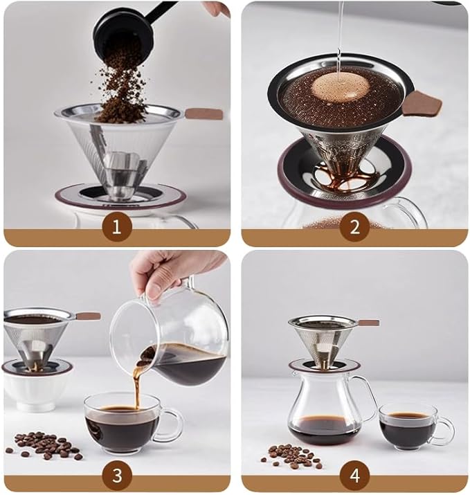 Pour Over Coffee Dripper, Stainless Steel Coffee Filter, Paperless Reusable Coffee Filter, Double mesh 600 Micro Strainer Coffee Maker with Heat-Resistant Silicone Handle & Base & Cleaning Brush