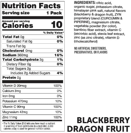 ZYN Electrolyte Drink Mix Hydration Packets, BlackBerry Dragonfruit Electrolytes Powder, Hydration Packets w/Turmeric Curcumin, Vitamin C & D, Zinc, Hydrate & Recover Electrolyte Powder, Pack of 32