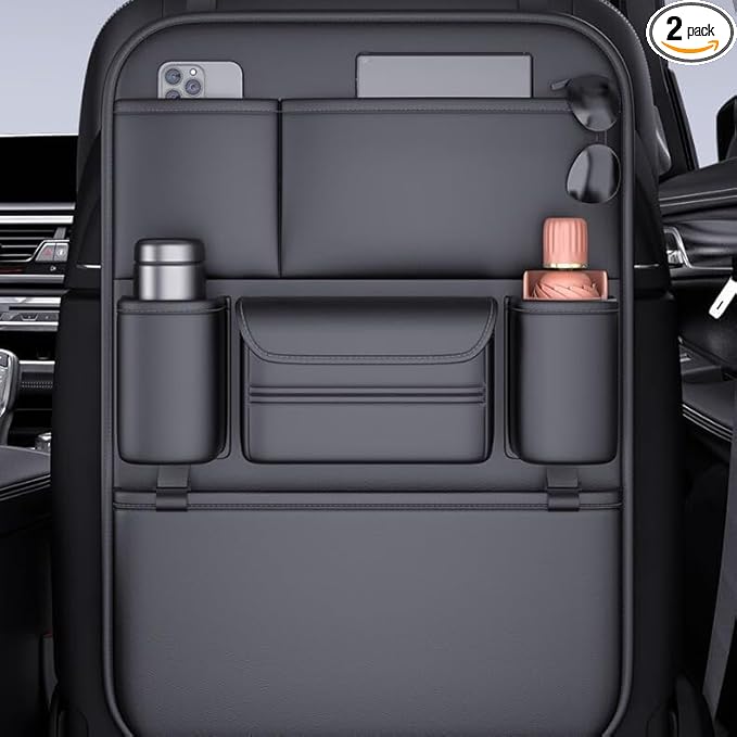 Premium Leather Car Seat Organizer for Cars, SUV & Truck - Back Seat Headrest Storage Organizer with 6 Pockets, Large Capacity Waterproof Car Organizer Pocket for Phone, Bottle, Tissue, Toys (2)