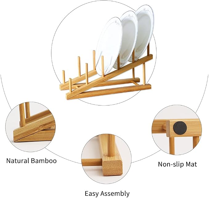 6 Pack Dish Rack Bamboo Drying Rack Wooden Plate Dish Rack Cabinet Organizer Kitchen Pot Lid Stand for Dish, Plate, Cup, Bowl, Cutting Board