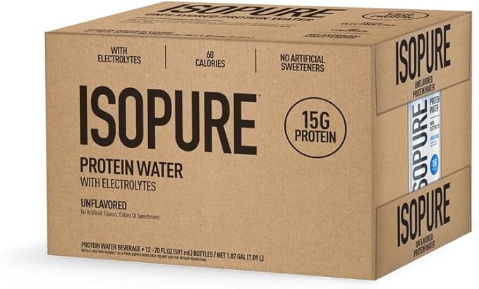 Isopure Clear Protein Water with Electrolytes, 15g Whey Protein Isolate, Zero Sugar, Unflavored, 20 fl oz Bottles, 12-Pack