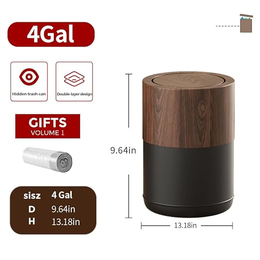 15L/4GAL Modern Metal Waste Bin with Realistic Wood Texture,Built-in Bag Holder,Swing Lid Trash Bin for Bathroom,Home,Office,Living Room (4gal Swing lid)