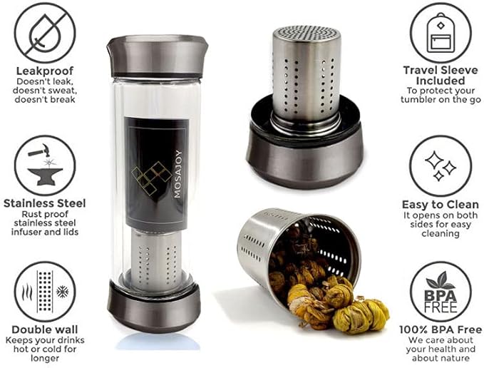 Modern Black Cylindrical Glass Travel Tea Mug with Infuser | BPA Free Double Wall Insulated 14 Ounce (A01)