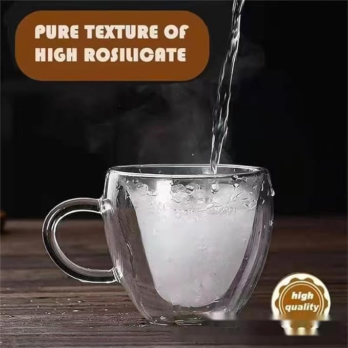 Heart-Shaped Double Wall Glass Coffee Mugs, 6oz/180ml Set of 4, Insulated Espresso Cups with Handles for Espresso, Macchiato, Stylish Coffee Mugs