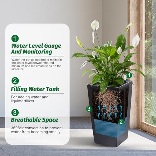 Garvee 16" Tall Planters Set of 2, Outdoor&Indoor Black Planter Pots, High Front Porch Planter Pots with Drainage Holes&Water Level Monitor&Inner Bucket,Black