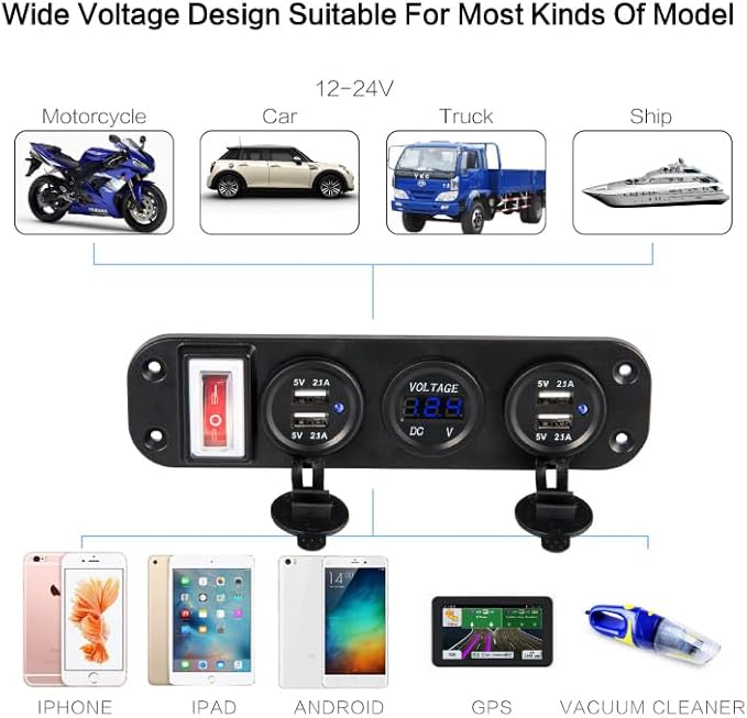 Dual USB Port Charger for car Voltage Display 2.1+2.1A Multi-Port USB Phone Car Fast Charger with On/Off Safe Protection - (Color Name: Blue)