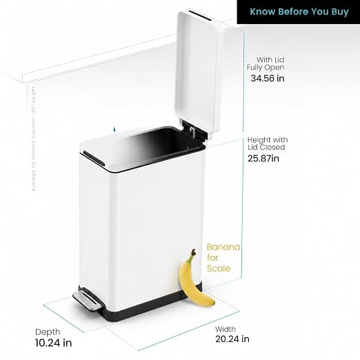 Home Zone Living 12 Gallon Slim Kitchen Trash Can with Soft Close Lid, Step Pedal, Bag Tuck Band, and Removable Liner, Stainless Steel, Matte White