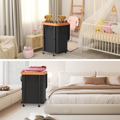 150L (40 Gal) Large Fashion Laundry Basket with Wheels, Leather Patchwork Rolling Hamper Carts, Sturdy Metal Frame, Removable Washable Bag, Tall Clothes Sorter for Bedroom, Laundry Room, Dorm - Black