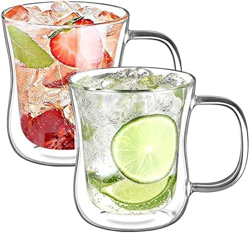ecooe 12 oz Double Walled Glass Coffee Mug Latte Cappuccino Cups Set of 2, Clear Glass Coffee Cups with Handle, Insulated Coffee Cup Borosilicate Heat Resistant Double Wall Glass Coffee Mug Tea Cups