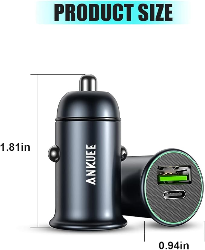 USB-C Car Charger Adapter, Dual Ports Fast Charging PD 60W + QC3.0 30W Mini All-Metal Cigarette Lighter USB Charger Universal for iPhone13/Pro Max/12/XS Max/11 Pro, Samsung, Car Accessories