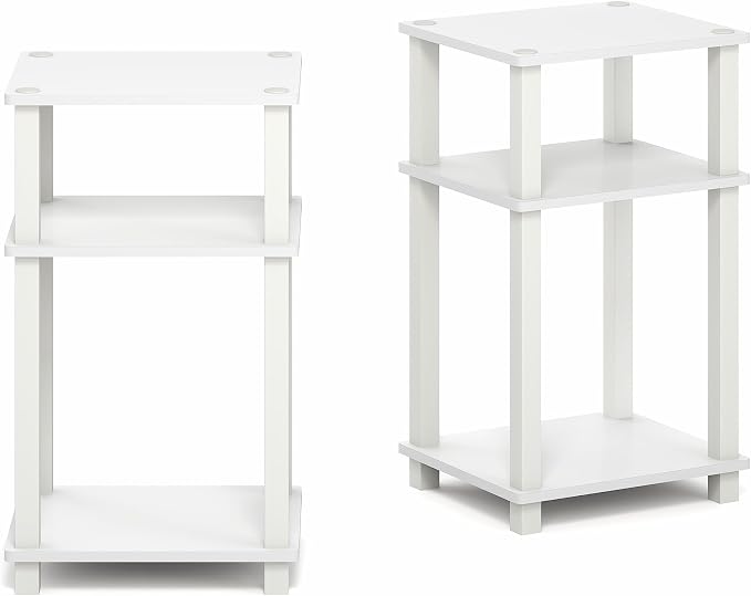 Furinno JUST Side Table Set of 2, 3-Tier Open Shelf Modern End Table, Toolless Assembly Night Stand, Bedside Table with Square Tube, for Living Room, Bedroom, White