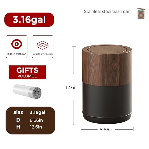 3.1 GAL Modern Metal Trash Can with Realistic Wood Texture,Built-in Bag Holder,Flip Lid,Small Bathroom Garbage Can for Bathroom,Home,Office,Living Room (3.1gal Swing lid)