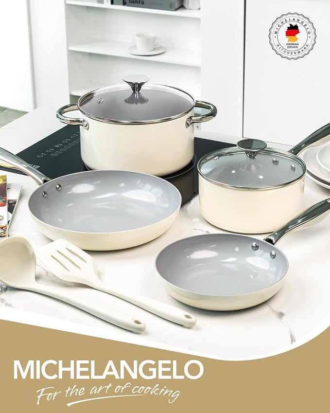 MICHELANGELO Pots and Pans Set Non Stick 8 Piece Ceramic Cookware Set Cream | PFAS-Free Cream Ceramic Nonstick Cookware Set for Eggs, Pancakes, Sauces, Low-Oil Cooking and Induction Ready, Fast Cleanup