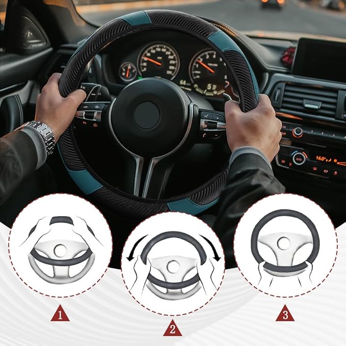 Car Steering Wheel Cover, Steering Wheel Protector, Universal 14.5-15 Inch Microfiber Leather Breathable Auto Steering Wheel Covers, Carbon Fiber Steering Wheel Cover for Women Men (Dark Green)