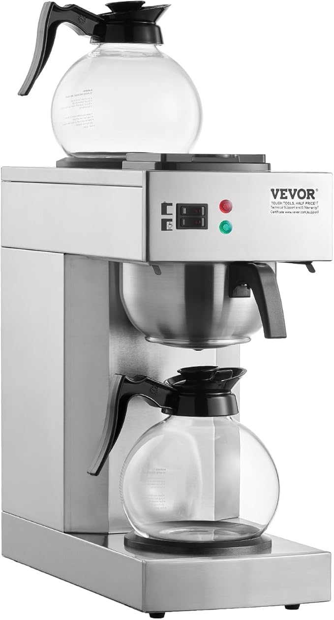 VEVOR 12 Cups Commercial Drip Coffee Maker, Coffee Maker Machine with 2 Glass Carafes and 2 Warmer Plates, Stainless Steel Pour Over Coffee Brewer for Restaurant, Office, Cafe