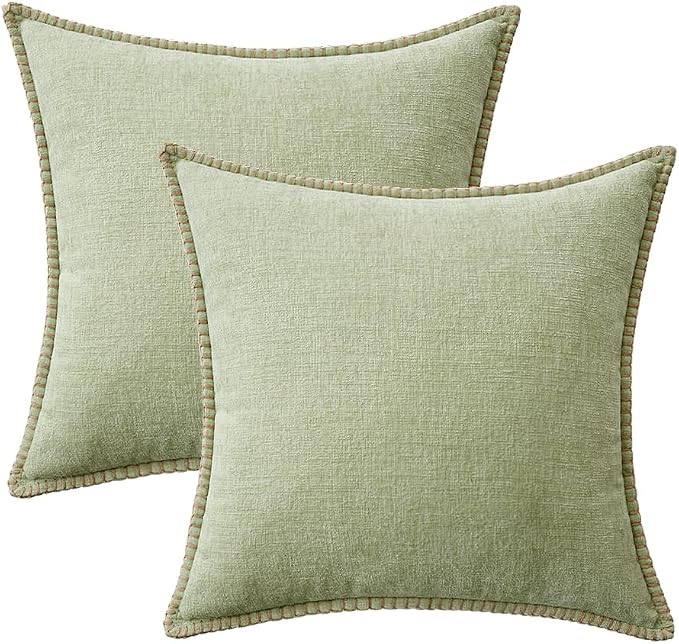 MIULEE Pack of 2 Summer Throw Pillow Covers 20x20 Inch Light Green Farmhouse Decorative Pillow Covers with Stitched Edge Soft Chenille Solid Dyed Pillow Covers for Couch Sofa Bed Living Room