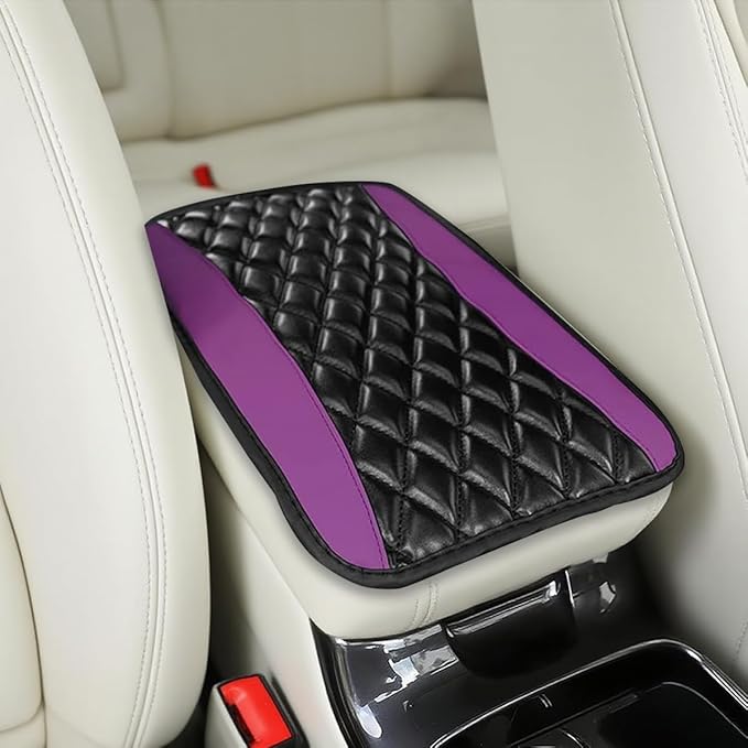 Car Center Console Cover, Comfortable PU Leather Vehicle Armrest Storage Box Cushion Pad, Anti-Scratch Automotive Interior Arm Rest Cover Protector, Universal for Truck SUV Sedan (Purple)
