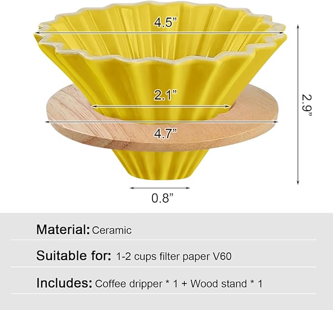 Ceramic Coffee Dripper with Wood Cup Stand Pour Over Coffee Maker Elegant Flower-shape V60 Strainer for 1-2 Cups Slow Brewing Accessories for Home Coffee Shops Restaurants Yellow