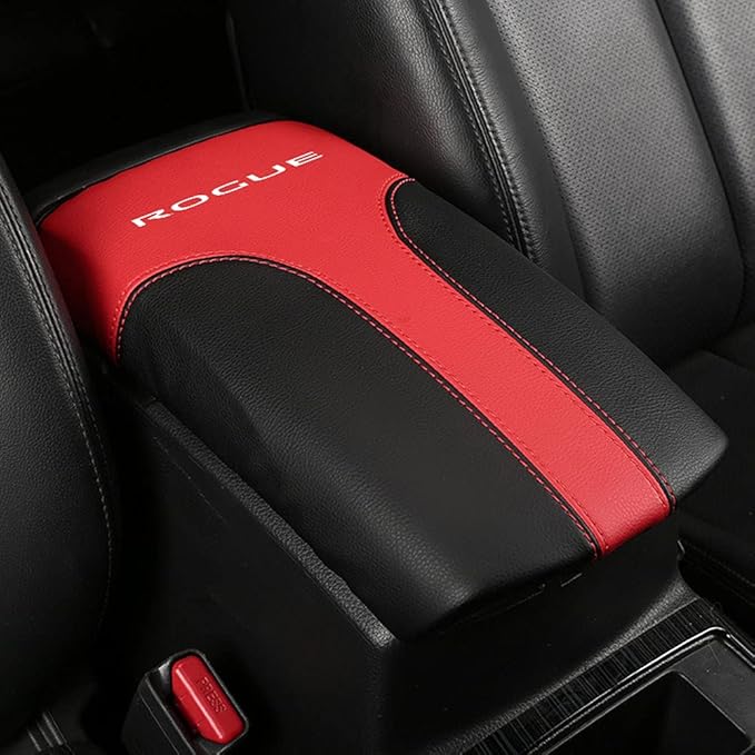 XITER Car Armrest Cover Saver, 1 Pc Center Console Leather Pad Fit for Nissan Rogue 2014-2020, 2017-2022 Rogue Sport Central Console Armrest Box Protector Interior Accessories (Black+Red)