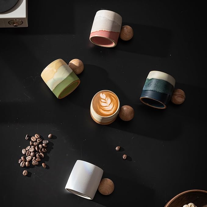 2-Oz Ceramic Espresso Cups with Wood Handle, 2-Piece Set for Coffee, Tea, Latte - Dishwasher Safe, Multi-Color & Wood Styles, Gift & Café Use (Kiln turning green, Round Handle2)