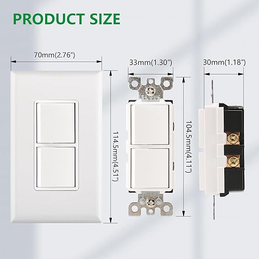 Wengart Rocker Combination Decorator Switch, 15A 120V, Dual 2-in-1 Space-Saving Light Switch with Screwless Wall Plate, Single Pole, UL Listed, White