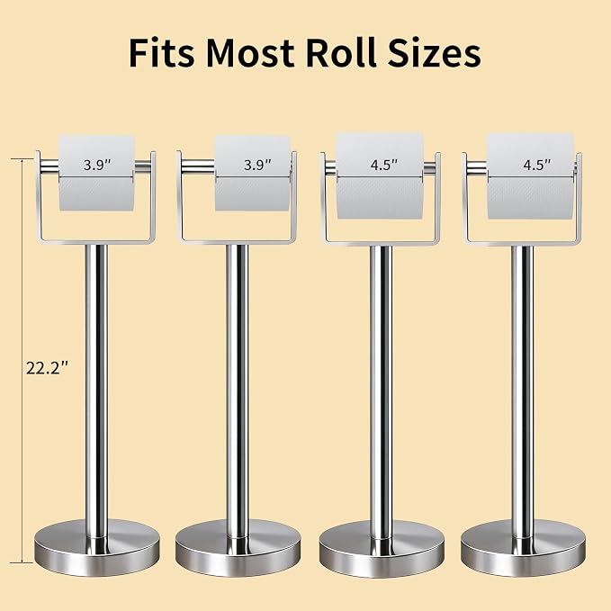 YUMORE Toilet Paper Holder Free Standing, Stainless Steel Toilet Paper Stand, Weighted Base Floor Tissue Roll Holder for Bathroom, Chrome 200UP