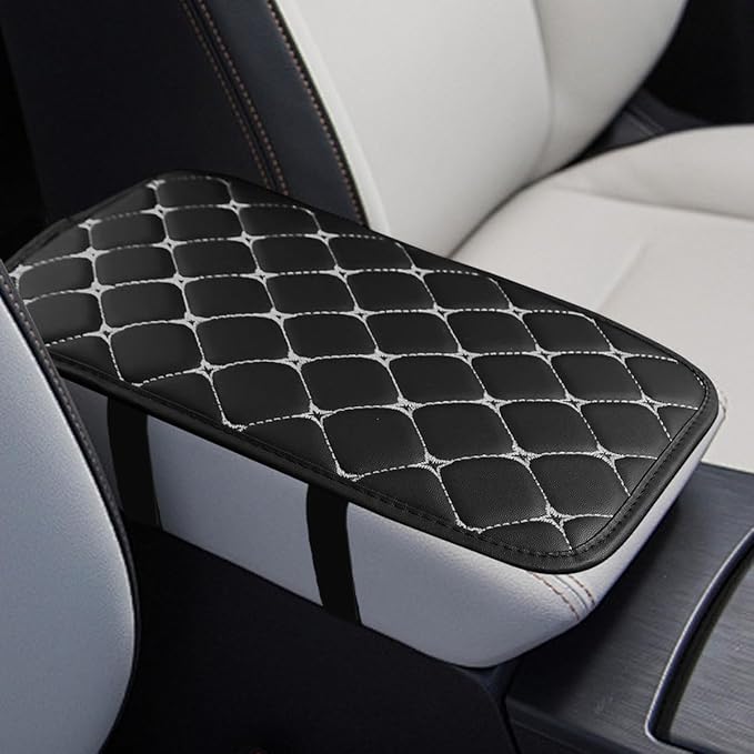 Car Center Console Cushion Pad, Comfortable PU Leather Vehicle Armrest Seat Box Cover, Waterproof Automotive Interior Arm Rest Protector Accessories, Universal Fit (Black/Gray)