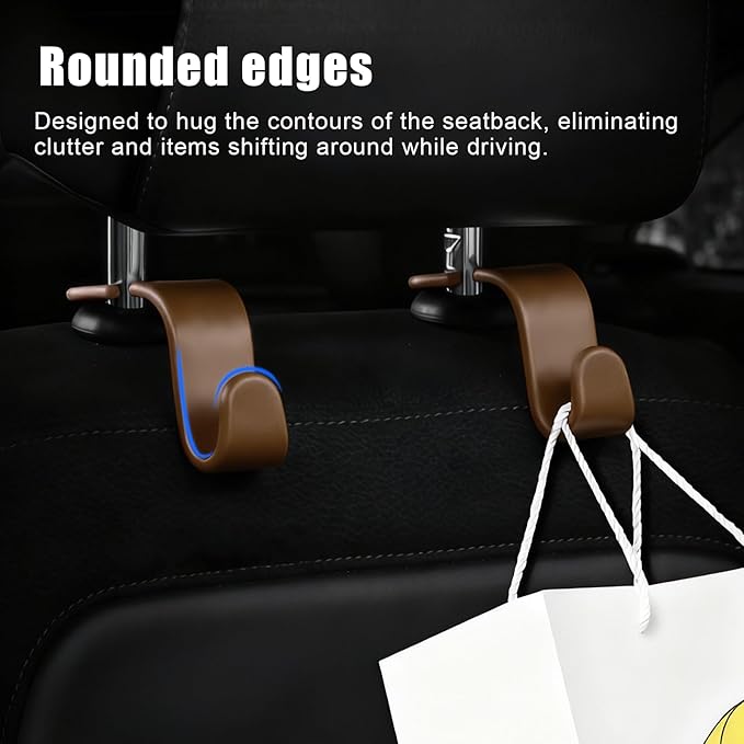 4 PCS Car Headrest Hooks - 360 Rotatable Auto Back Seat Storage Organizer, Universal Vehicle Car Organization Hangers for Purses, Bags, Cloths & Water Bottles Hook Seat Accessories, Brown