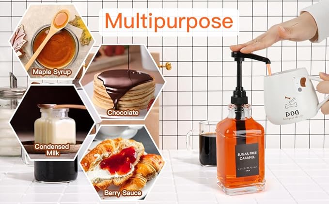 STARSIDE 16 oz Coffee Syrup Dispenser,2 pcs Clear Glass Syrup Bottle with 1/4oz Capacity Pump,Syrup Dispenser for Coffee Bar with Plastic Pump and Syrup Labels