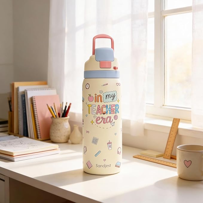 Teacher Stainless Steel Water Bottle, In My Teacher Era, Vacuum Insulated, Push-Button Lid, 32 oz, Gifts for Women Girls Friends Back to School Appreciation Birthday Christmas