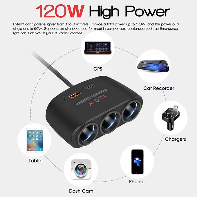 5 in 1 Cigarette Lighter Splitter, 3 Socket Car Charger Adapter + Type-C PD15W Charging + USB Charging Ports, Plug Outlet for All Car 12V/24V Devices