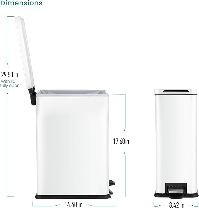 Home Zone Living 4 Gallon Slim Kitchen Trash Can with Soft Close Lid and Step Pedal, Matte White Stainless Steel Wastebasket with Removable Bucket