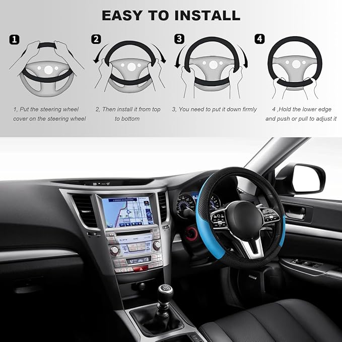 Car Steering Wheel Cover, 15 Inch Carbon Fiber Elastic Vehicle Steering Wheel Protector, Breathable Leather Auto Wheel Covers for Women Men, Interior Car Accessories (Black & Blue, AD)