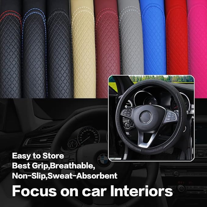 Leather Car Steering Wheel Cover, Classical Leather Automotive Steering Wheel Covers,Breathable, Non-Slip,Elastic, Universal 15 inch Steering Wheel Protector (Black)