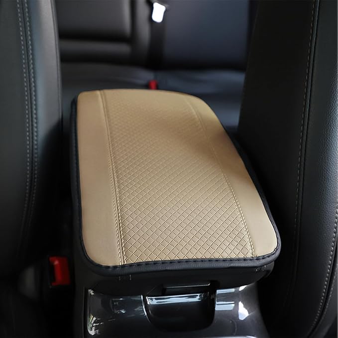 Armrest Pad for Car, PU Leather Auto Center Console Cushion Mat, Four Seasons Automotive Armrest Seat Box Cover, Universal Vehicle Interior Accessories for SUV, Truck, Van (Beige)