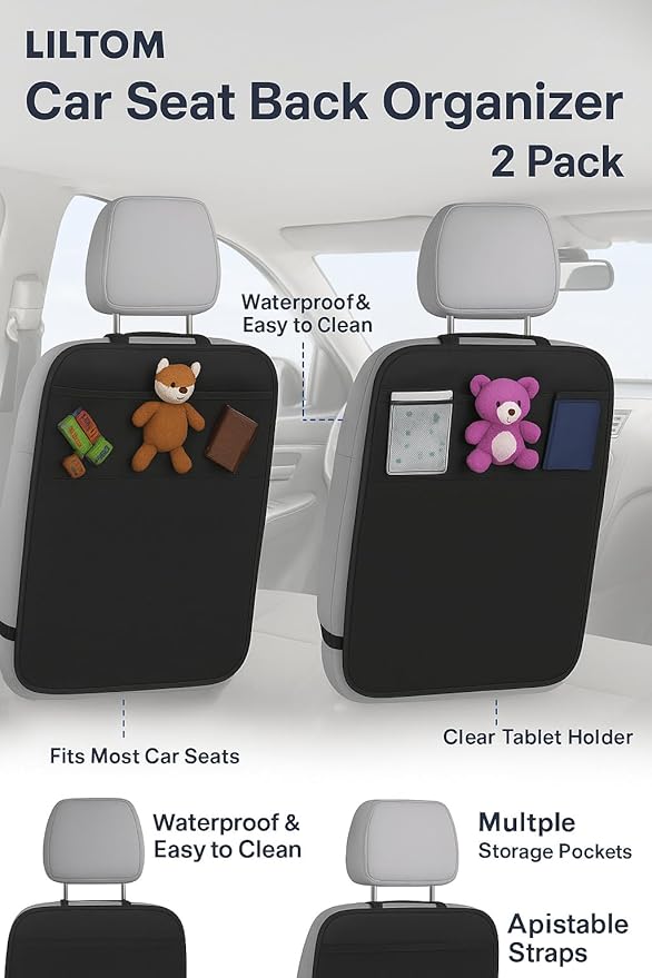 LILTOM Car Back Seat Protector with Organizer, 19"x27" XL Kick Mats, Waterproof, 3 Pockets, 2-Pack