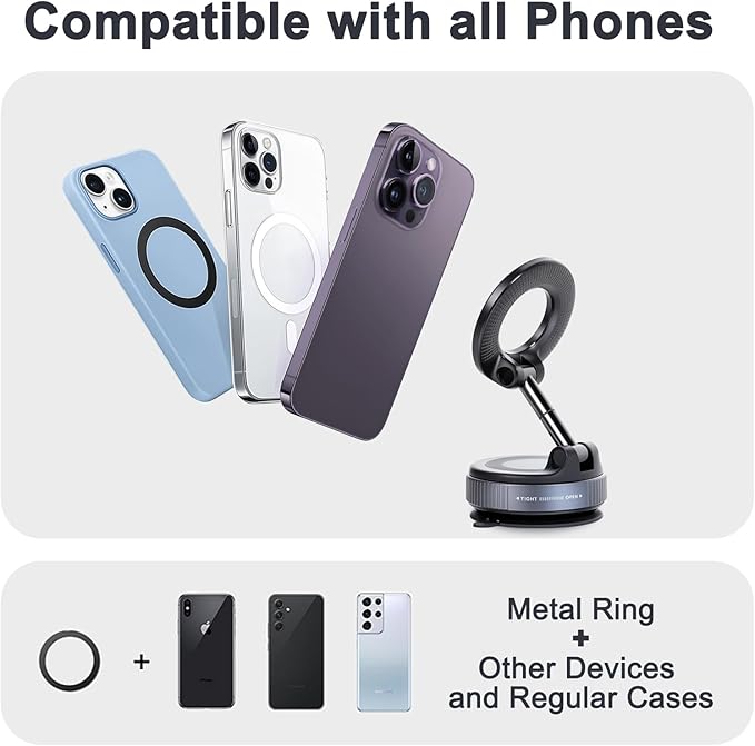 Vacuum Magnetic Car Phone Holder, 360° Adjustable Magsafe Car Mount with Strong Suction Cup for iPhone Android All Smartphones,Foldable Magnetic Phone Holder for Car/Gym/Mirror/Smooth Surface