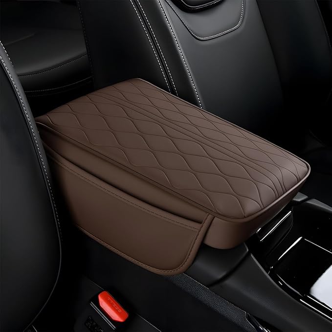 Car Center Console Cover, Leather Vehicle Arm Rest Protection Cushion with 2 Side Storage Bags, Auto Interior Armrest Storage Box Pad Accessories, Universal for SUV, Sedan, Truck (Coffee)