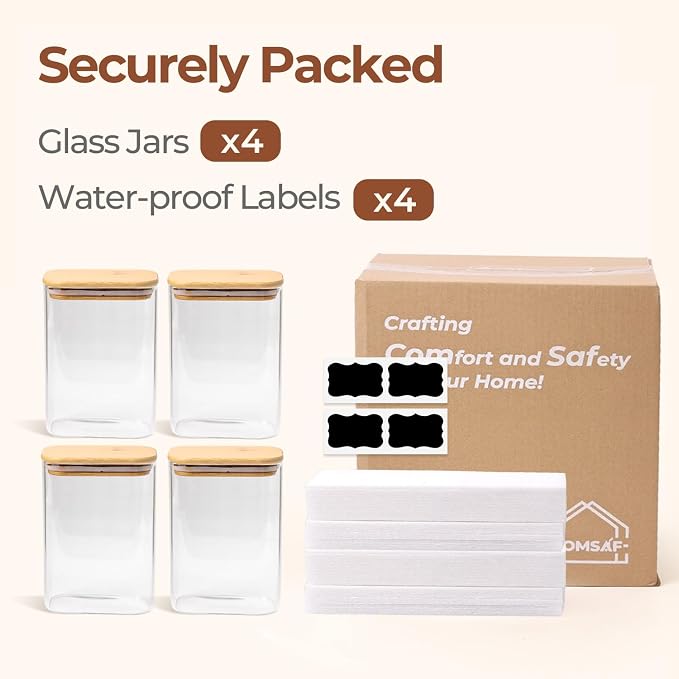 ComSaf 1.8Qt Rectangular Glass Food Storage Containers with Lids, 3-Piece Airtight Cereal Containers Storage, Glass Jars with Bamboo Lids, Space Saving Pantry Organizers for Flour, Pasta, Nut & Coffee