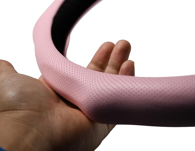 Quick Install Sporty Perforated Pink Nappa Leather Steering Wheel Cover Universal fit 14½" to 15" Car SUV Pickup 14.5 to 15 inches Napa