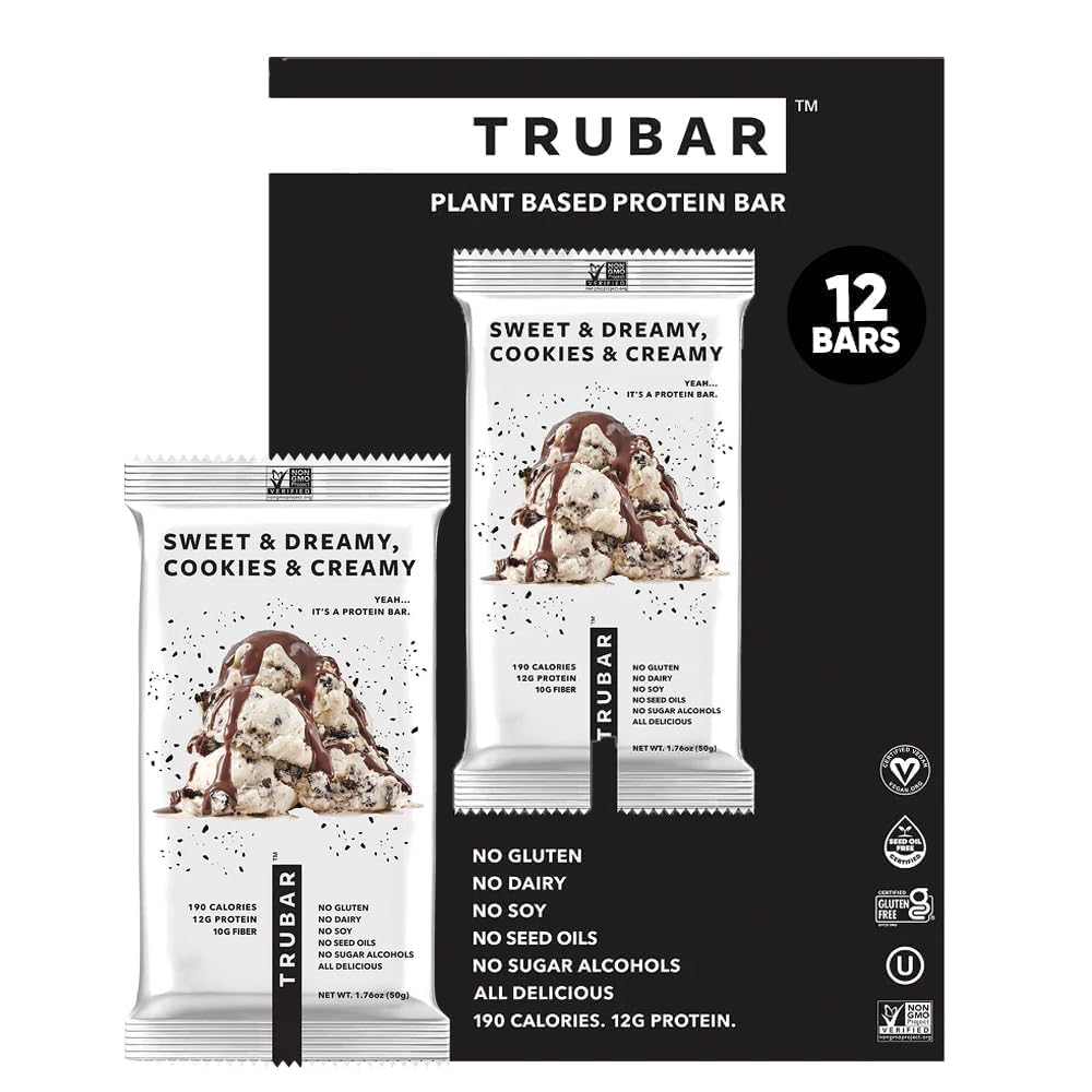 TRUBAR Vegan Protein Bar, Cocoa For Coconuts, Gluten Free, Plant Based Protein, Dairy Free, Non GMO, Soy Free, No Sugar Alcohols, 12G Protein, 12G Fiber, 23G Carb, On the Go Snack Bars, 12 ct