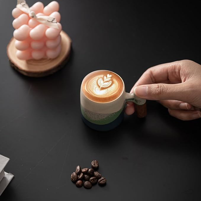 2-Oz Ceramic Espresso Cups with Wood Handle, 2/4-Piece Set for Coffee, Tea, Latte - Dishwasher Safe, Multi-Color & Wood Styles, Gift & Café Use(Kiln turning green, Wooden Handle2)