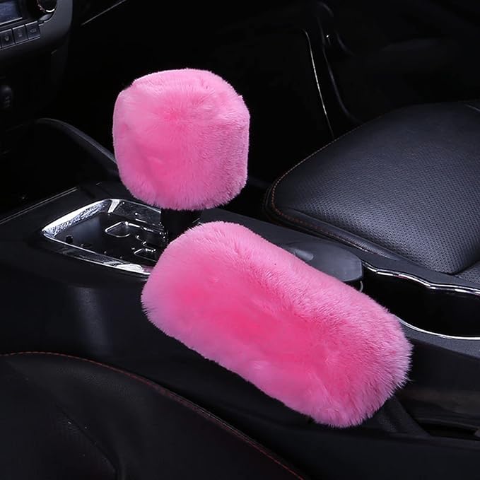 1 Set 6 Pcs Fluffy Car Steering Wheel Cover & Seat Belt Shoulder Pads & Handbrake Cover & Gear Shift Cover Set & Seat Belt Shoulder Pads Faux Wool Universal Fit Car Interior Accessories (Pink)