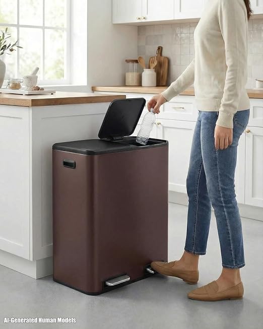 ComfyCorner 16 Gal (2 x 30 L) Dual Trash Can, Stainless Steel Kitchen Garbage Bin, Recycle Dustbin with Odor Control Box, Soft-Close Lid, Inner Buckets, Side Handle, Step Pedal, for Home Office