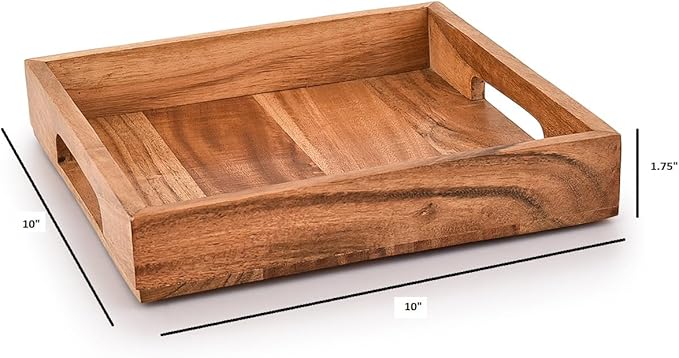 Samhita Acacia Wood Serving Tray with Handles,Wooden Serving Tray, Snack Tray, Breakfast Tray, Great for, Breakfast, Coffee |Size- 10" x 10" x 1.75"