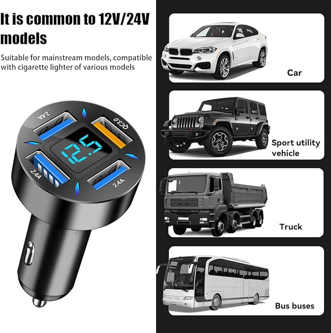 4 Ports USB Car Charger, 66W Super Fast Charging with QC 3.0, PD 20W and USB 2.4A Charger Adapter, Quick Charge with LED Voltmeter, Auto Cigarette Lighter Plug (QC3.0, 2PCS)