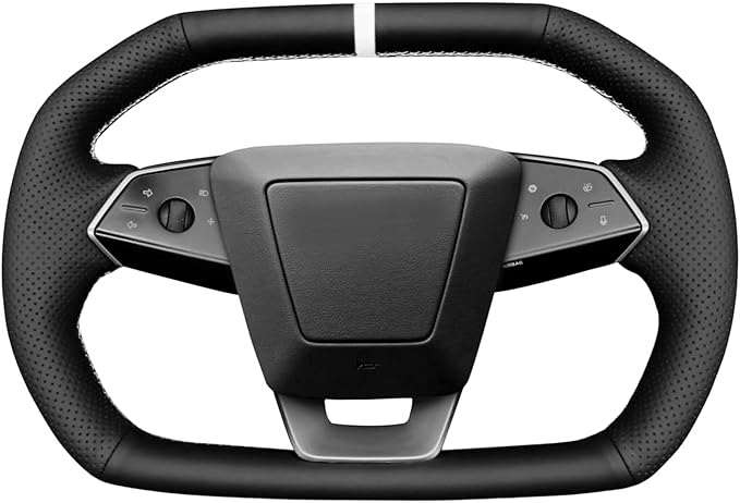 Steering Wheel Cover for Cybertruck Hand Stitching DIY Nappa Leather Steering Wheel Cover with White Center Mark (Black with White)
