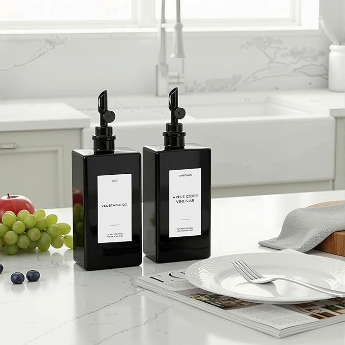 2PCS 16.9oz Olive Oil Dispenser Bottle For Kitchen, Soy Sauce Dispenser, Dark Glass Bottles for Oil and Vinegar Dispenser Set W.2 Replacement Spouts & Labels, Coffee Syrup Dispenser (Black)