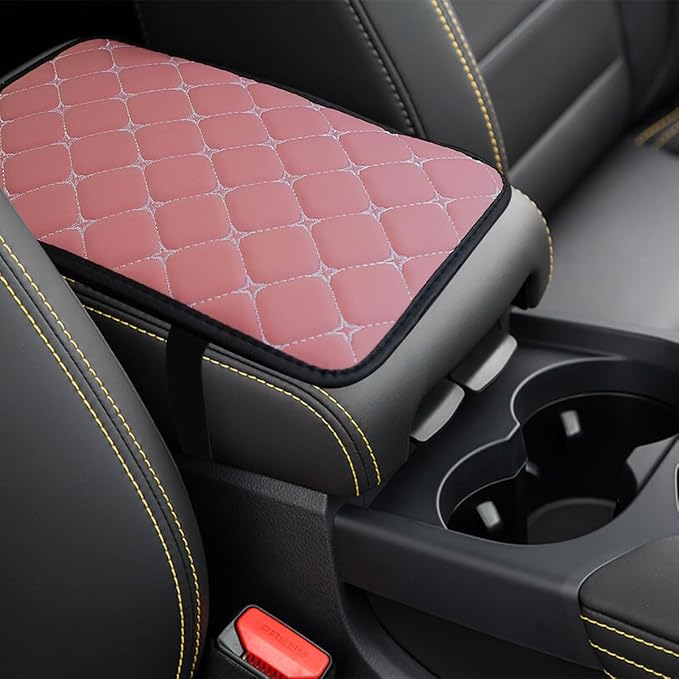 Car Center Console Cushion Pad, Comfortable PU Leather Vehicle Armrest Seat Box Cover, Waterproof Automotive Interior Arm Rest Protector Accessories, Universal Fit (Pink)
